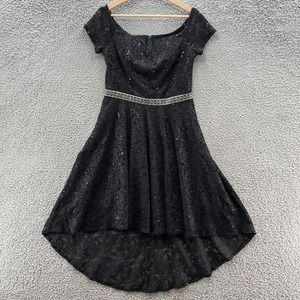 La Scala Dress Black Lace Sequin Cap Sleeve High Low Fit Flare Party